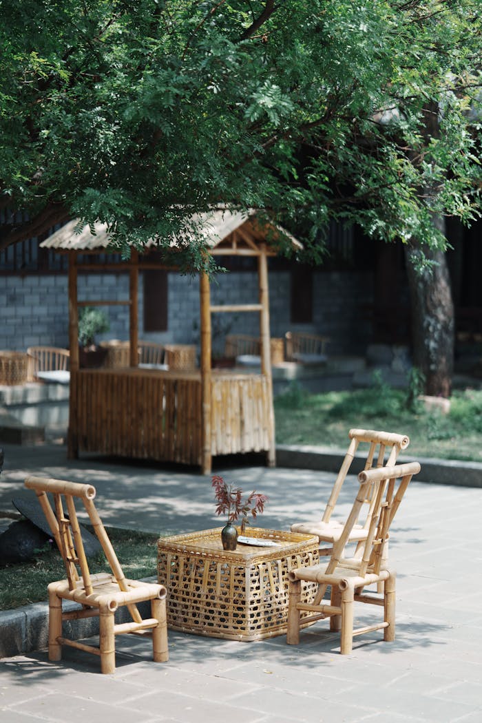 services-04 Peaceful outdoor scene featuring bamboo furniture and greenery, perfect for relaxation.